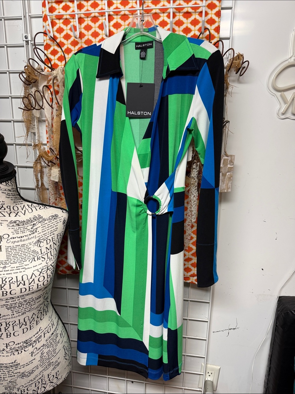Halston Heritage Green, Blue & Black Geometric Wrap Dress with Ring Detail